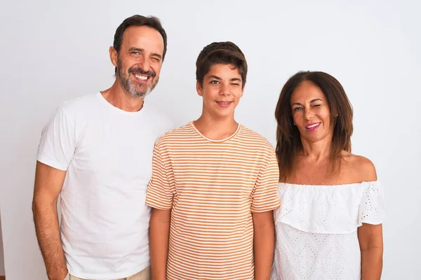 Family Three Mother Father Son Standing White Isolated Background Winking — Stock Photo, Image