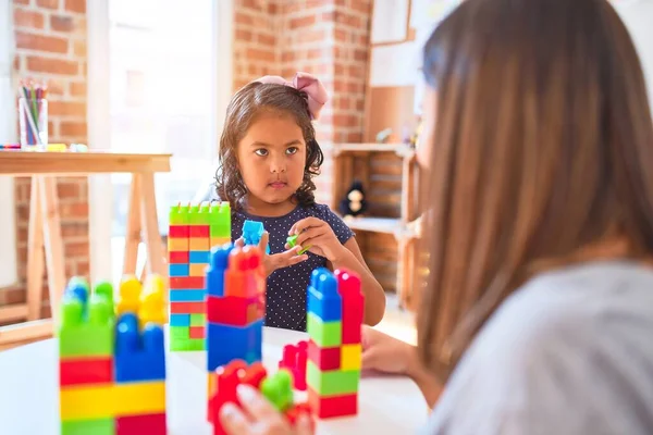 Beautiful Teacher Toddler Girl Playing Construction Blocks Bulding Tower Kindergarten — Stock Photo, Image