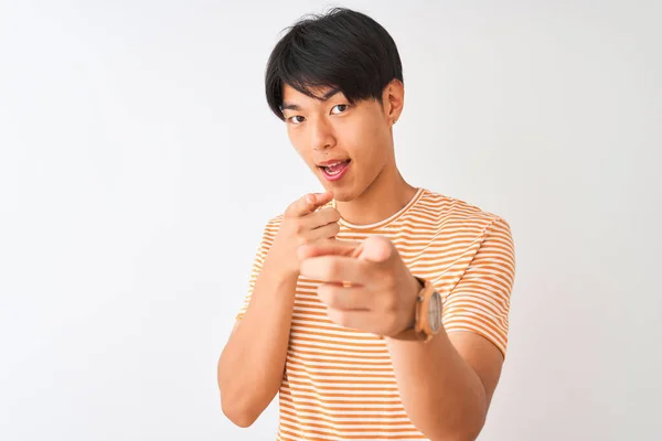 Young Chinese Man Wearing Casual Striped Shirt Standing Isolated White — ストック写真