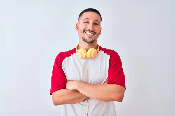 Junger Gutaussehender Mann Mit Kopfhörern Über Isoliertem Hintergrund Glücklich Lächelnd — Stockfoto