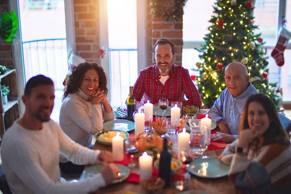 Beautiful Family Smiling Happy Confident Eating Roasted Turkey Celebrating Christmas — Stock Photo, Image