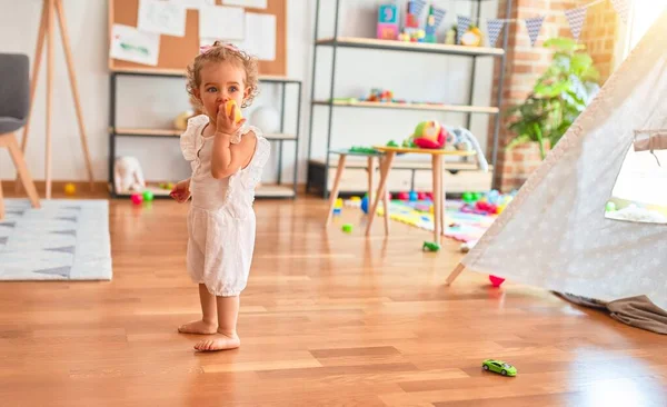 Beautiful Caucasian Infant Playing Toys Colorful Playroom Happy Playful Kindergarten — Stock Photo, Image