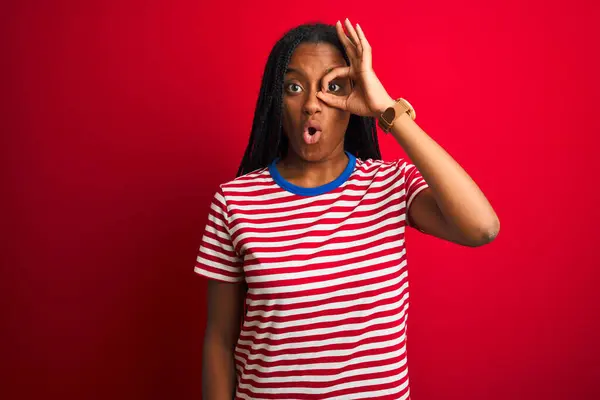 Young African American Woman Wearing Striped Shirt Standing Isolated Red — Stock Photo, Image