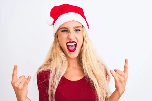 Ung Vacker Kvinna Bär Jul Santa Hatt Över Isolerad Vit — Stockfoto