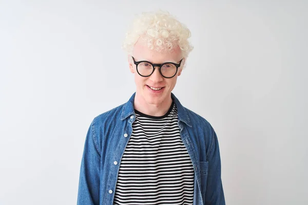 Ung Albino Blond Man Bär Denim Skjorta Och Glasögon Över — Stockfoto