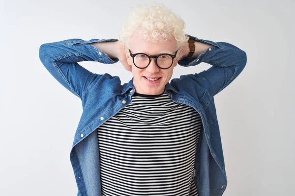 Young Albino Blond Man Wearing Denim Shirt Glasses Isolated White — Stock Photo, Image