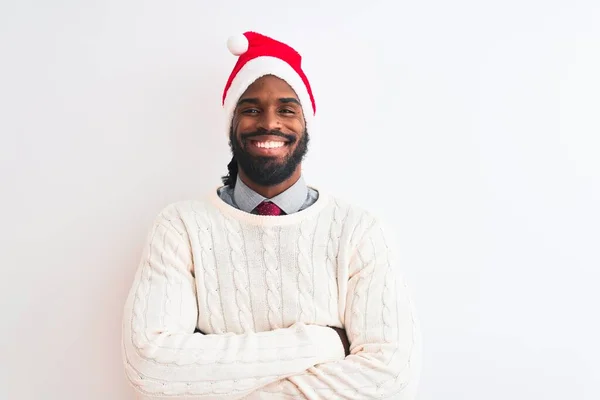 Jovem Afro Americano Vestindo Chapéu Natal Santa Sobre Fundo Branco — Fotografia de Stock