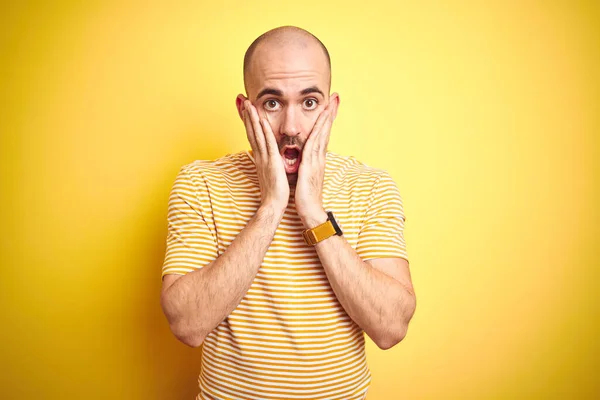 Young Bald Man Beard Wearing Casual Striped Shirt Yellow Isolated — Stock Photo, Image