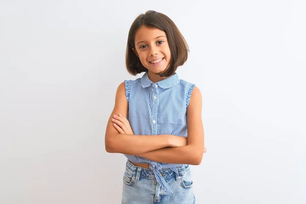 Joven Niña Hermosa Vistiendo Camisa Azul Casual Pie Sobre Fondo —  Fotos de Stock