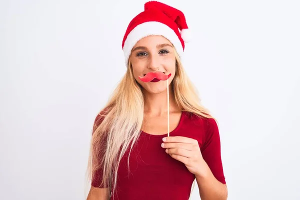 Vrouw Dragen Kerstman Hoed Houden Fanny Snor Geïsoleerde Witte Achtergrond — Stockfoto