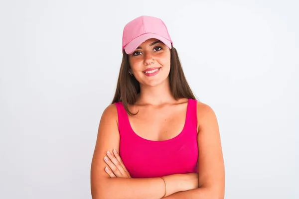 분홍색 티셔츠를 모자를 카메라를 아름다운 긍정적 — 스톡 사진
