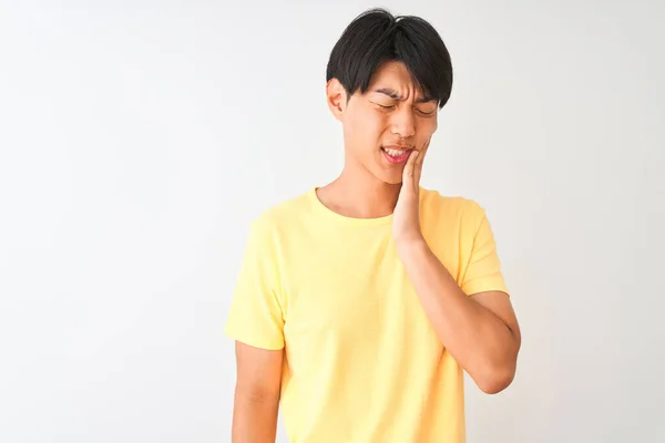 Chinese Man Wearing Yellow Casual Shirt Standing Isolated White Background — Stock Photo, Image