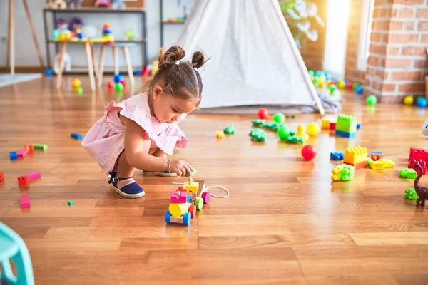 Young Beautiful Toddler Sitting Floor Playing Wooden Train Toy Kindergaten — Stock Photo, Image