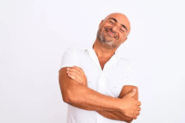 Homem Bonito Meia Idade Vestindo Camisa Elegante Sobre Fundo Branco — Fotografia de Stock