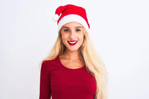 Mujer Hermosa Joven Con Sombrero Navidad Santa Sobre Fondo Blanco —  Fotos de Stock