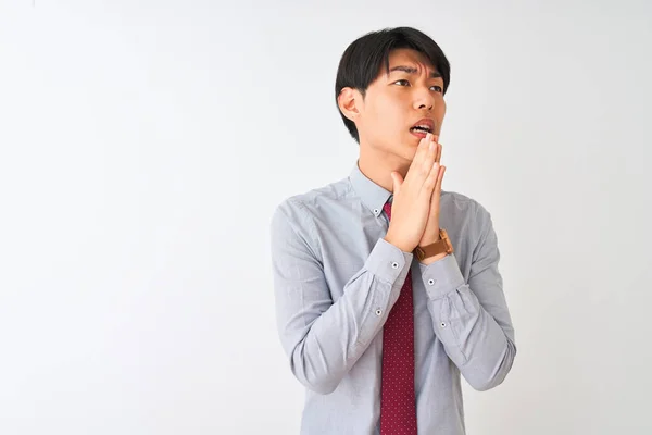 中国のビジネスマン孤立した白い背景物乞いと手で祈る上に立ってエレガントなネクタイを着て一緒に顔に希望の表現は非常に感情的かつ心配 許しを求める 宗教概念 — ストック写真