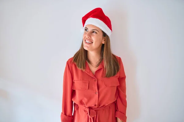 Jovem Mulher Bonita Sorrindo Feliz Vestindo Vestido Vermelho Chapéu Papai — Fotografia de Stock
