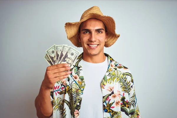 Junger Mann Urlaub Mit Dollarnoten Vor Weißem Hintergrund Mit Einem — Stockfoto
