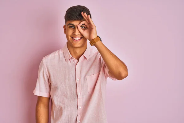 Young Indian Man Wearing Casual Shirt Standing Isolated Pink Background — Stock Photo, Image