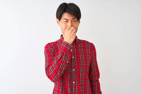 Young Chinese Man Wearing Casual Red Shirt Standing Isolated White — Stock Photo, Image