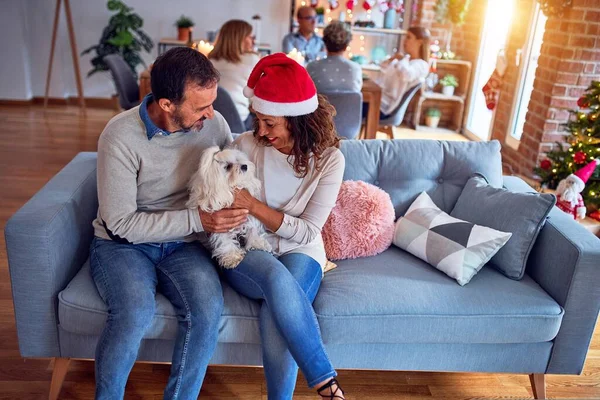 家人和朋友在家里吃饭 用传统的食物和装饰品庆祝圣诞节 夫妻二人一起坐在沙发上和狗聊天 — 图库照片