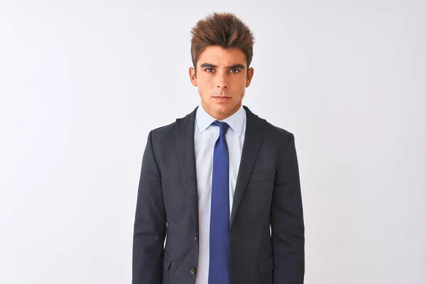 Jovem Empresário Bonito Vestindo Terno Sobre Fundo Branco Isolado Cético — Fotografia de Stock