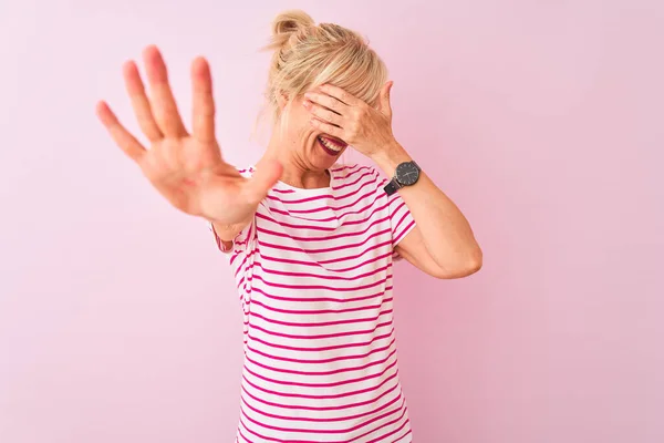 Middle Age Woman Wearing Striped Shirt Standing Isolated Pink Background — Stock Photo, Image