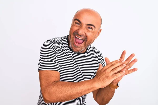 Middle Age Handsome Man Wearing Striped Navy Shirt Isolated White — Stock fotografie