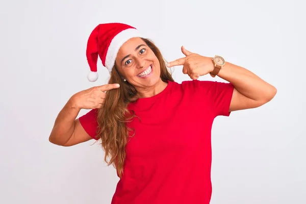 Femme Mûre Âge Moyen Portant Chapeau Noël Sur Fond Isolé — Photo