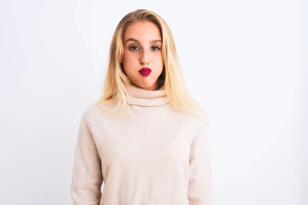 Young Beautiful Woman Wearing Turtleneck Sweater Standing Isolated White Background — Stock Photo, Image