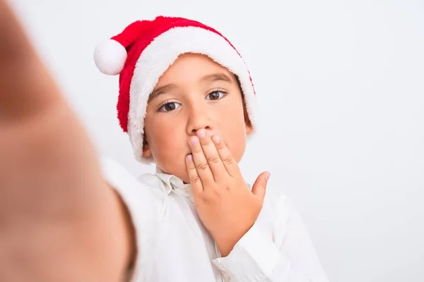 Krásný Kluk Kluk Nosí Vánoční Klobouk Santa Aby Selfie Přes — Stock fotografie