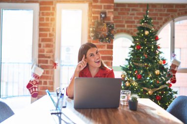 Masada oturan güzel bir kadın evde dizüstü bilgisayarla çalışıyor Noel ağacının etrafında gülümsüyor tek parmağıyla, harika bir fikir ya da düşünceyle, iyi bir hafızayla.