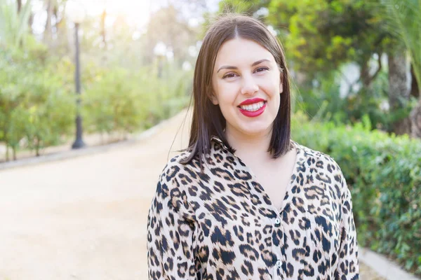 Young Beautiful Woman Red Lips Smiling Happy Garden — Stock Photo, Image