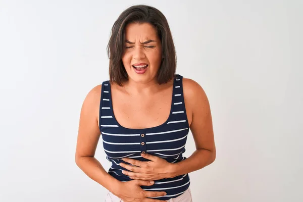 Junge Schöne Frau Blau Gestreiftem Shirt Vor Isoliertem Weißen Hintergrund — Stockfoto