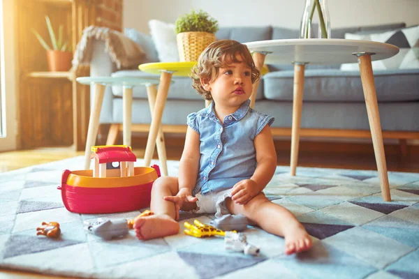 Beautiful Toddler Child Girl Playing Toys Carpet — Stock Photo, Image