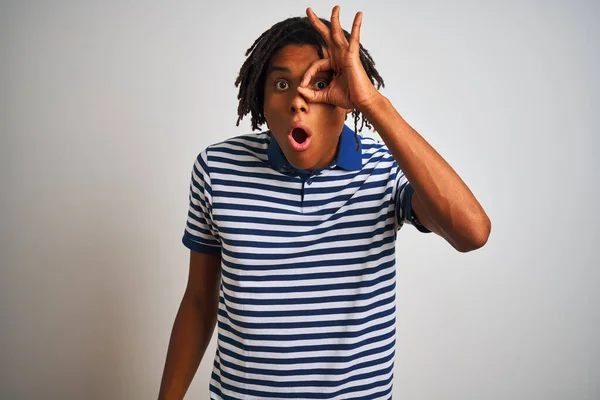 Afro Man Dreadlocks Wearing Striped Blue Polo Standing Isolated White — Stock Photo, Image