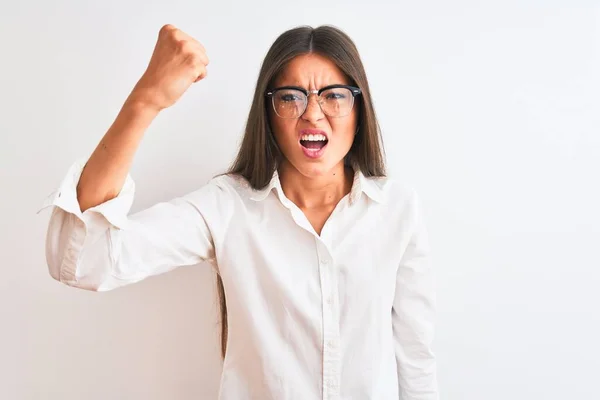 Joven Mujer Negocios Hermosa Con Gafas Pie Sobre Fondo Blanco —  Fotos de Stock