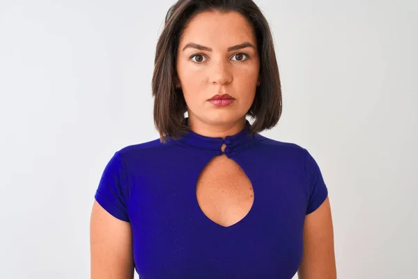 Jonge Mooie Vrouw Draagt Blauwe Elegante Shirt Staan Geïsoleerde Witte — Stockfoto