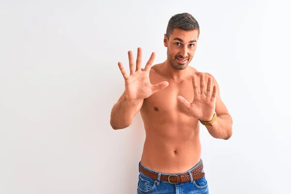 Young Handsome Shirtless Man Showing Muscular Body Isolated Background Afraid — Stockfoto