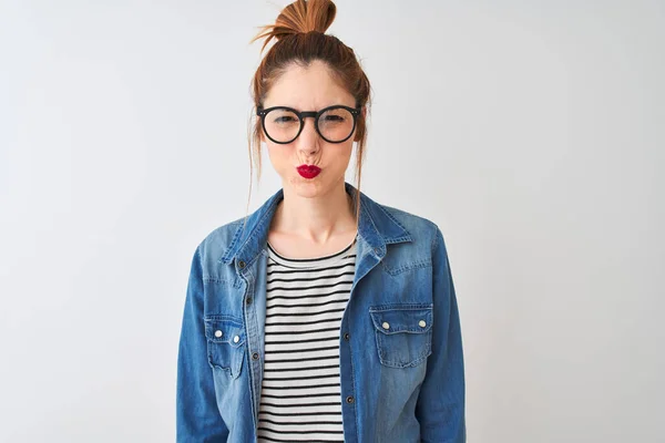 Redhead Woman Wearing Striped Shirt Denim Shirt Glasses Isolated White — Stock Photo, Image