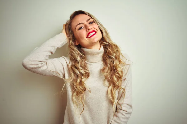 Beautiful Woman Wearing Winter Turtleneck Sweater Isolated White Background Smiling — Stockfoto