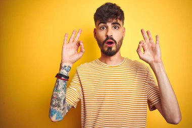 İzole edilmiş sarı arka plan üzerinde duran çizgili tişörtlü genç adam şaşırmış ve şaşırmış görünüyor. Tamam sembolünü parmaklarıyla yapıyor. Çılgın ifade