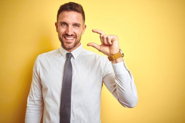 Sarı izole edilmiş arka plan üzerinde zarif beyaz gömlek giyen genç yakışıklı iş adamı gülümsüyor ve el hareketleriyle küçük beden işareti yaparak kameraya bakıyor. Ölçü kavramı.
