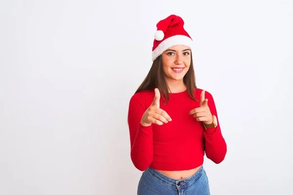Jeune Belle Fille Portant Chapeau Noël Santa Debout Sur Fond — Photo