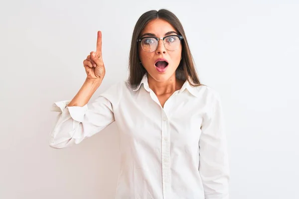 Young Beautiful Businesswoman Wearing Glasses Standing Isolated White Background Pointing — Stock Photo, Image