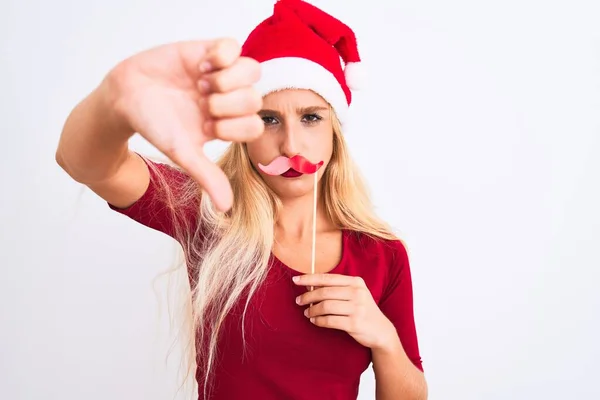 Femme Portant Chapeau Noël Santa Tenant Moustache Fanny Sur Fond — Photo