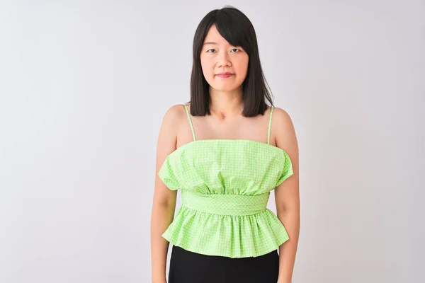 Young Beautiful Chinese Woman Wearing Green Shirt Isolated White Background — Stock Photo, Image