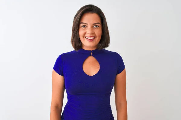 Jonge Mooie Vrouw Met Een Blauw Elegant Shirt Een Geïsoleerde — Stockfoto