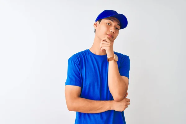 Chinese Deliveryman Wearing Blue Shirt Cap Standing Isolated White Background — Stock Photo, Image