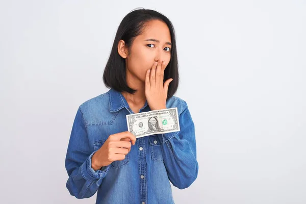 Jovem Mulher Chinesa Bonita Segurando Dólar Sobre Isolado Branco Fundo — Fotografia de Stock